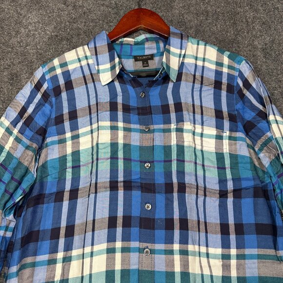 Talbots Shirt Womens Medium Blue Plaid Button Up Blouse Pocket Button Cuffs - Picture 4 of 9